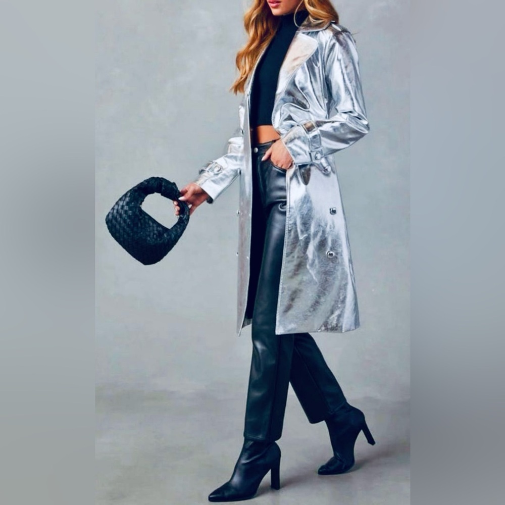 NWT A PEACH TIME TO SHINE ✨🪩 METALLIC 🪩✨ TRENCH COAT 🧥 - SILVER 🩶, Sz.S, BNWTIB